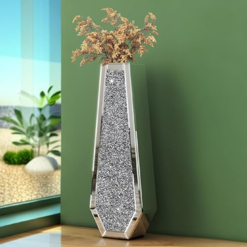 SHYFOY Grande Vaso da Terra Alto da Interno Vasi Moderni da Interno Alti, Design a Specchio e Diamante di Cristallo, per Decorazione del Pavimento del Soggiorno, 61,5 cm, Argento