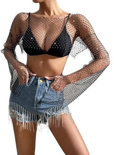 JIAHG Top en Résille à Paillettes Sexy Femme Haut en Maille Visible avec Strass Scintillant Haut de Danse à Manche Longue Tenue de Night Club Bar Blouse à Sequin Plage Voyage