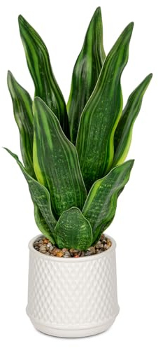 Hollyone Planta de serpiente falsa de 17.3 pulgadas en maceta de cerámica, plantas artificiales artificiales decorativas para decoración del hogar, vegetación realista para sala de estar, baño,