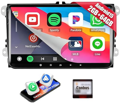 CAMECHO 2+64G Android 15 Car Stereo for VW Passat Jetta Seat Golf Skoda Polo Tiguan Seat Skoda,9 inch Double Din Car Stereo with Sat Nav Wireless Carplay Android Auto RDS FM Bluetooth Mirror Link