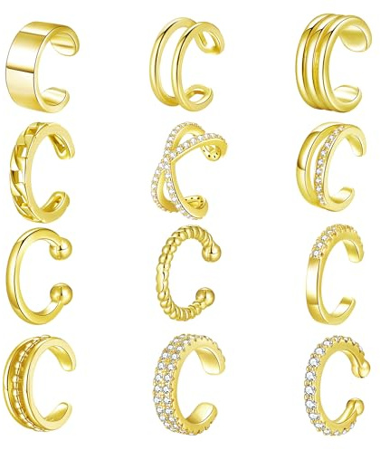 FANCH 12Pcs Ear Cuffs für Damen Ohrmanschette 14K Vergoldet Manschette Ohrringe Nicht Durchbohrte Clip Ohrringe Non Piercing Fake Helix Knorpel Wrap Cuff Ohrklemme Gold