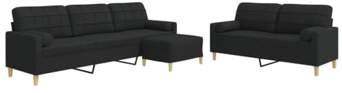 vidaXL Sofagarnitur 3-TLG., Polstersofa mit Fußhocker Rollkissen, Sitzgruppe für Wohnzimmer, Loungesofa Sessel Sofa Couch Garnitur, Schwarz Stoff