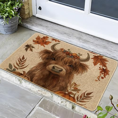 Farmhouse Highland Cow Doormat, Beige Vintage Autumn Pumpkin Leaves Door Mat For Outdoor Entrance Seasonal Decor, Rubber Waterproof Non-Slip Dust Absorbent Front Doormat, Easy Clean 17x29 Inch