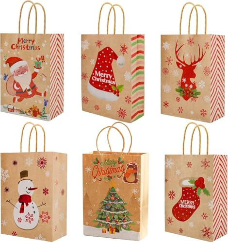 24 Stück Geschenktüte Weihnachten, 6 Stile Klein Weihnachtstüten mit Griffen, Dauerhafte Kraft Weihnachts Papier Taschen für Kleinunternehmen Geburtstags Gefälligkeiten Einkaufen Einzelhandel, Xmas-1