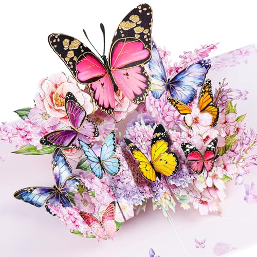 Ghope Pop-Up Grußkarte Schmetterlinge und Blühende Blumen, 3D Pop Up Geburtstag Karte Geburtstagskarte mit Umschlag für Frau, Mutter, Busenfreundin & Freundin Glückwunschkarte