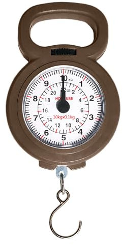 Analoge Waage, 10 kg, für Gepäck und Fischerei, einfach zu bedienen, tragbar und kompakt, mit robustem Haken für Koffer, Angler und den Hausgebrauch (braun)