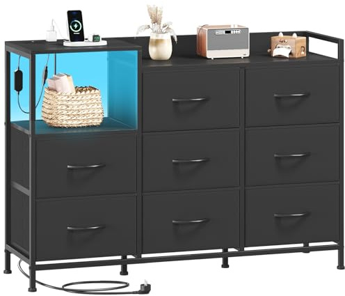 Somdot Dresser with Charging Station and Open Shelves,Dresser for Bedroom with 8 Storage Drawers,Storage Cabinets Organization Units for Living Room, Hallway,Sturdy Metal Frame,Wood Top,Black