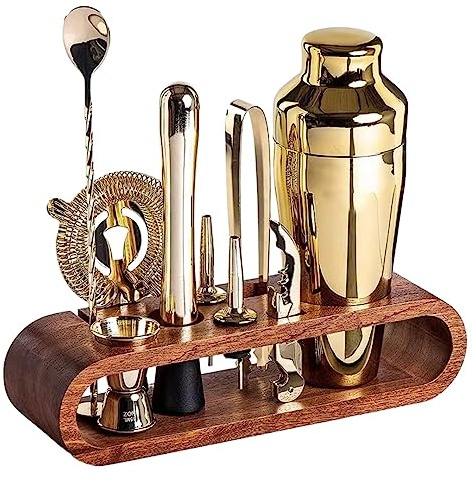 XHZMDWOU Coctelera para Bar Juego De Coctelera De Acero Inoxidable De 10 Piezas con Kit De Barman De Soporte para Bares Caseros Al Aire Libre Kit Coctelería para Hogar(Gold)