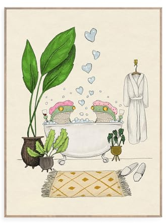 Dazzlewall Lustiger Frosch Badezimmer Wandbilder, Niedliche Paare Tiere Baden in Badewanne Leinwand Bilder für Badezimmer Toilette Deko 30×40 cm Ungerahmt