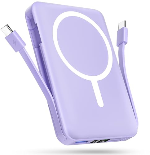 Podoru Batterie Externe avec MagSafe, 10000mAh Magnetique Power Bank | Deux Câbles USB-C Intégrés, 20W PD Charge Rapide, Affichage LED, Powerbank sans Fil pour iPhone 17/16/15/14/13/12 Séries