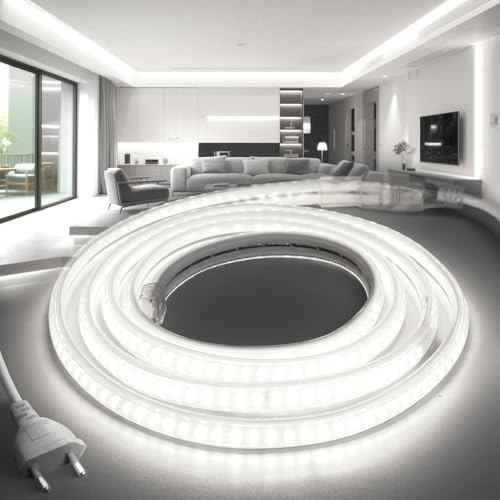 BRIMETI LED Streifen 20M 230V Neon Strip IP65 Wasserdicht Aussenbereich Weiß 6000K 145LEDS/M mit Netzteil und Stecker, Flexibel DIY LED Band Lichtband für Außen und Innen Wohnzimmer Küche Deko