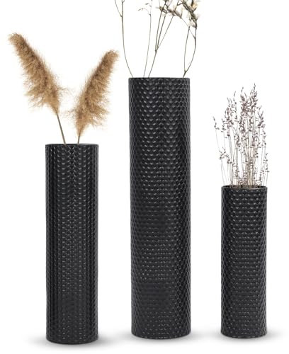 Set di 3 vasi alti da pavimento, in metallo, colore nero, 70 cm, 55 cm, 40 cm, per soggiorno, camera da letto, casa, corridoio, ufficio, grande vaso in piedi con trama a nido d'ape