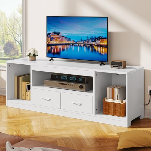 YITAHOME Weiß TV-Schrank bis 65 Zoll, 148cm Lowboard mit 2 Schubladen | 3 verstellbare Regalböden und 2 Stoffschubladen für ordentlichen Stauraum im Wohn- und Schlafzimmer.