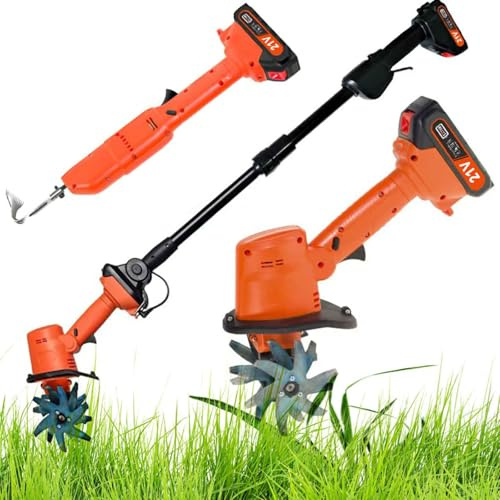 ERZJUT 2-in-1 Handheld Garden Hoe & Cordless Tiller Cultivator, 21V Electric Rotavator with 2 x 1500mah, 235Rpm, 10cm Tilling Width,10cm Working Depth for Farm, Yard, Lawn, Soil Cultivation
