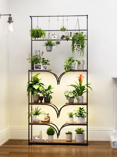 GoTiling Pflanzenregal mit LED Grow Light – 197cm Hoch 8 Etagen Blumenregal Metall & Holz, Pflanzenständer mit Haken, Modernes Blumenständer Regal für Wohnzimmer, Balkon, Terrasse oder Indoor Garten
