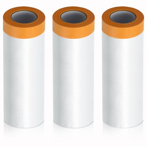 LINSOCLE Bache Protection Peinture, 3 Rouleaux Film de Masquage Peinture 400cm x 20m, Toiles Protectrices en Plastique Imperméable Anti-Poussière - Pour Sol, Automobile & Meubles