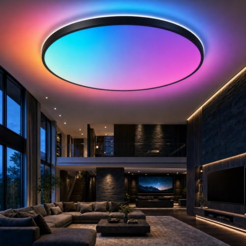 Horevo Bluetooth Deckenleuchte mit Lautsprecher, 40cm Moderne Schwarze LED Deckenleuchte (RGB Farbwechsel-Funktion, Fernbedienung, Geeignet für Wohnzimmer, Esszimmer, Schlafzimmer, Badezimmer) | 3 Farbtemperaturen, Dimmbar, RGB Farbwechsel Funktion, Fernbedienung, Moderne LED, Für Wohnzimmer, Esszimmer, Schlafzimmer