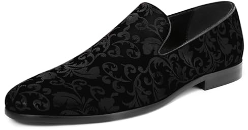 YFFUSHI Mockasiner för män lyx broderade låga loafers komfort slip-on platta skor för bröllop ceremoni, svart, 42 EU
