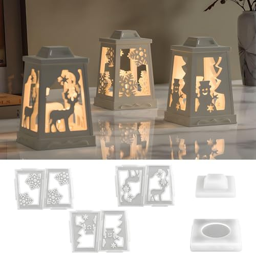 Silikonformen Gießformen Weihnachten Laterne, Silikonform Weihnachten Kerzenhalter, Gießformen Silikon Weihnachten Elch Schneeflocken Schneemann Laterne, Silikon Gießform für DIY Weihnachtslaterne (A)