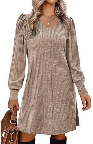 Vossmi Robes Casual Femme Manches Longues Robe Pull Femme Hiver Décontractée Mini Robe Femmes Col V Chic et Elegant Kaki M