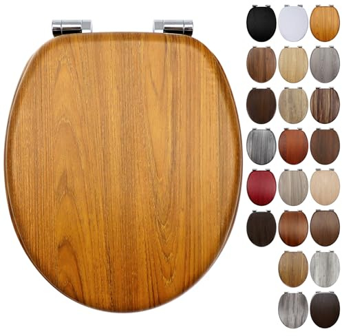 Wooden Toilet Seat Yellow Oak with Soft Close Adjustable Solid Zinc Alloy Hinges, MDF Wood Oval Toilet Seat with Bottom Fixings, Easy to Clean and Install- 18 Inch (JH7306)