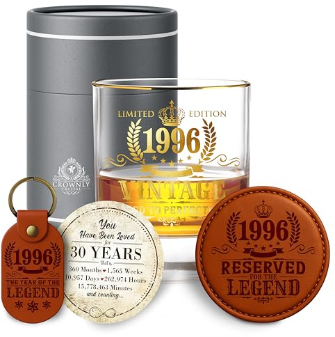 Vaso Whisky 1996 Regalo Hombre 30 Años Cumpleaños Ideas Regalos Originales para Novio Amigo Copa Vintage Degustación Ron y Gin Decoración Fiesta 30 Aniversario Navidad