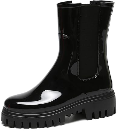BOEGBNW Women'S Waterproof Lug Sole Rain Boots Fashion Elastic Slip On Comfortable Platform Chunky Heel Chelsea Ankle Boots Casual Outdoor Non-Slip Rubber Garden Booties (Black,7)