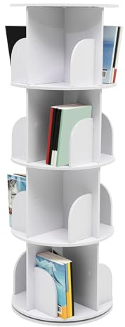 KigerNee Drehbares Bücherregal 360 Grad, 4 Ebenen 16 Fächer, Standregal, Drehregal, Büroregal, Dekoregal, Lagerregal, für Wohnzimmer Schlafzimmer Büro Kinderzimmer, Weiß, φ40xH115 cm