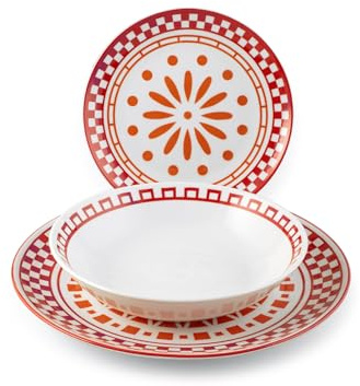 H&H Servizio Tavola Kora 18 Pezzi in Porcellana Decorata - Piatti Piani, Fondi e Frutta con Decorazioni Rosse e Arancioni - Adatto Lavastoviglie e Microonde, Idea Regalo Perfetta