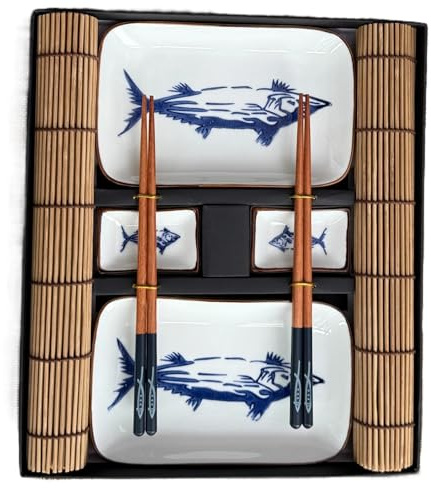 Japanese Sushi Dinnerware Set – 2 Ceramic Plates, Chopsticks, Sauce Dishes & Bamboo Mats