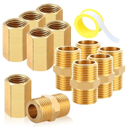 12 Stück 1/4 Messing Doppelnippel und Muffe, 6x Außengewinde Nippel 1/4 Zoll und 6x Innengewinde Muffe 1/4 Zoll, AG/IG Sechskant Gewindefitting, Verbindungsstück für Wasserrohr und Gasschlauch