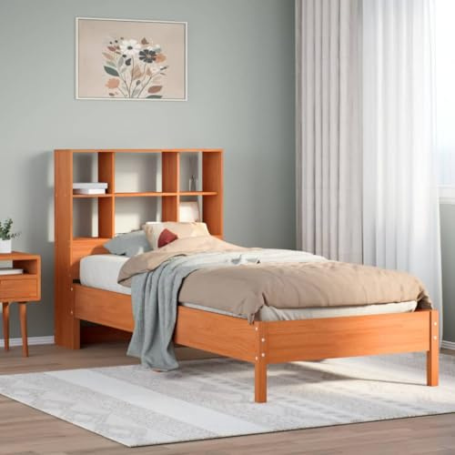 Ordellia Massiv träsäng med hylla, vaxbrun, 75 x 190 cm, furu, robust sängram, plattformssäng för sovrum, möbler med lagringsutrymme