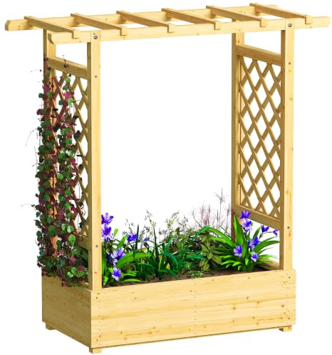 Outsunny Garden Planter with Trellis, 110 x 44 x 113 cm, Natural | Wooden Raised Bed for Garden, Hanging Roof, Drainage Holes, Outdoor Trellis Planter Box, for Vegetables Herbs and Flowers