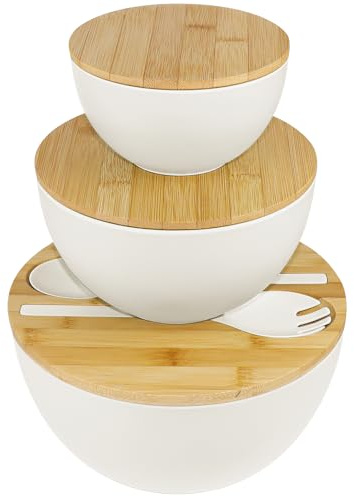 MSYU 3 Pack Salad Bowl with Servers Set Mixing Bowls Solid Bamboo Salad Wooden Bowl with Bamboo Lid Spoon for Fruits, Salads and Decoration (9.8INCH, 7.6INCH, 5.9INCH), White