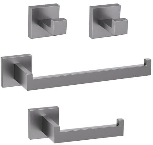 TURS 4 Pieces Bathroom Accessory Set,Concealed Screw Fixing,Gunmetal Grey | SUS304 Stainless Steel,Grey Towel and Toilet Roll Holder Set,Toilet Paper Holder, Towel Rail, Robe Hooks*2