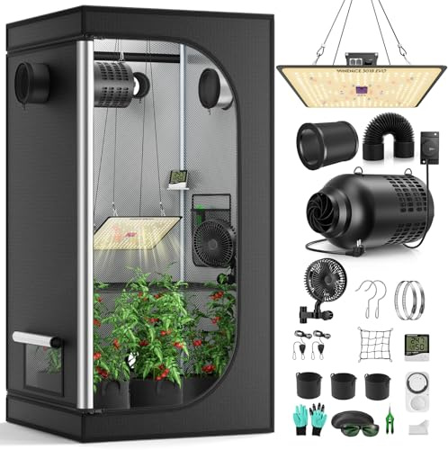 MINENICE Growzelt Komplettset mit M1000 LED Vollspektrum Grow Lampe 60x60x140cm Grow Tent 4 215 CFM 3000RPM Ruhiges und Effizientes Belüftungssatz, 4-Gang-Lüfter, Hydroponics Indoor Growing Tent Set