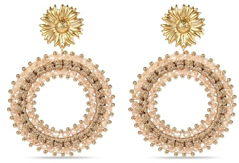 Boho Ohrhänger hängend für Damen, tropfenförmige Ohrringe mit Perlen und Kristallen, sommerliche Boho-Ohrringe, Statement-Ohrringe mit Blumen für Damen