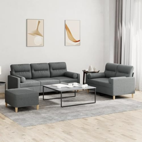 Augerqir 3-teilige Sofagarnitur dunkelgrau aus Stoff mit Kissen, Polstergarnitur mit Ottomane und Fußhocker, Couch für Wohnzimmer, Gästezimmer, Jugendzimmer, Büro und Lounge, platzsparend und bequem