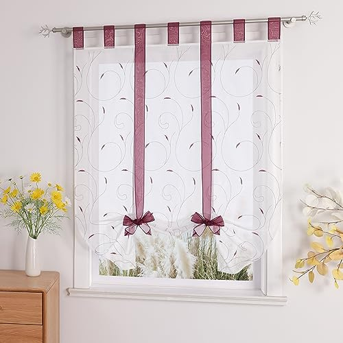 Yujiao Mao Raffrollo Voile Küche Gardine Mit Stickerei Bindegardine Mit Schlaufen Modern Raffgardine Wohnzimmer Weiß Beere BxH 120x140cm 1 Stück | Modern Raffgardine mit Stickerei, Küchengardine, Bindegardine, Wohnzimmer, Bandrollo, Transparent, Klein Fenster, 1 Stück