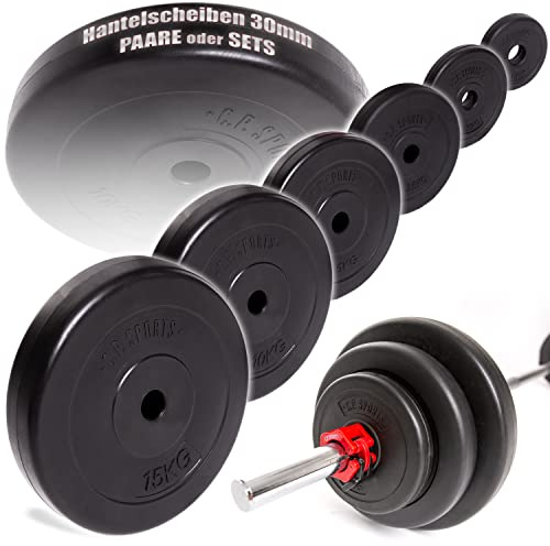 C.P. Sports Hantelscheiben 30mm | Paare 0,5KG bis 20KG oder Sets 26KG / 52KG | Kunststoff mit Zementfüllung | Gewichte für Krafttraining, Fitness, Bodybuilding, Gewichtheben, Hanteltraining, Home Gym