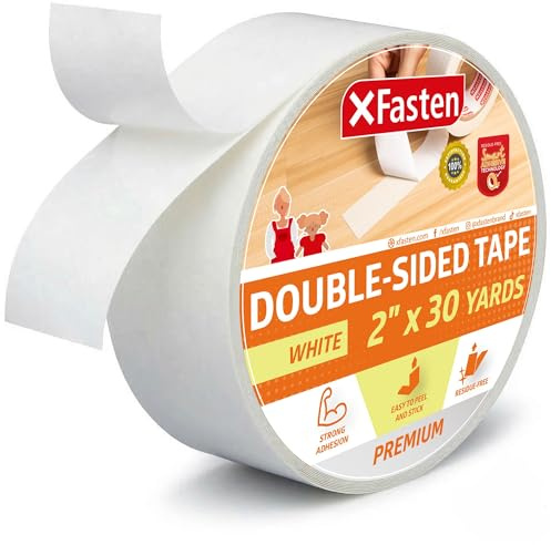 XFasten Double Sided Tape, White, Removable and Residue-free, 2-Inch x 30 Yards, Surface safe Two-Sided Sticky Adhesive Tape for Wall, Floor, Clothes, Rug, Fabric