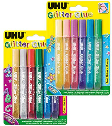 UHU Glitter Glue, Glitzerkleber zum Basteln in Tube mit feiner Dosierspitze, 6 x 10 ml (2er Set (Shiny & Original))