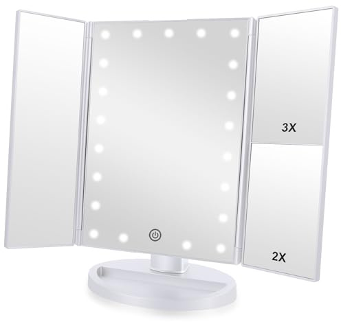 Flymiro Specchio Trucco, Specchio per Il Trucco con Luce 1x / 2X / 3X Trifold ingrandente 21 LED Touch Screen, Regolabile a 180° Specchio cosmetico per Il Trucco per viaggio(Bianco)