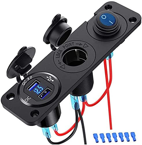 Jtron Pannello interruttore 12 V barca 3 in 1 interruttore a pulsante impermeabile doppio QC3.0 presa accendisigari splitter USB caricabatteria da auto interruttore per auto barca marina