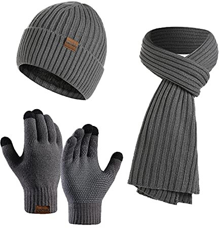 NATUST Herren Thermo Mütze Schal Handschuhe Set Damen Strick Mütze Winterschal Touchscreen Handschuhe Set Grau