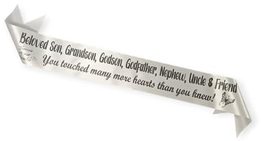 Personalized Memorial Funeral Sash Ribbon or Celebration of Life In Loving Memory for Casket or Wreath Flowers (White)