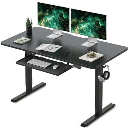 FEZIBO Height Adjustable Electric Standing Desk with Keyboard Tray, 140 x 60 cm Sit Stand up Desk with Splice Board, Black Frame/Black Top