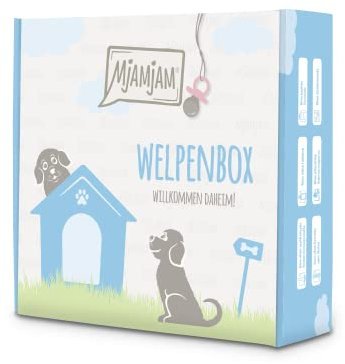 MjAMjAM - Premium Nassfutter für Hunde - Welpenbox - 6* Junior - saftiges Huhn mit Ei, Welpen-Futterbeutel, Kugelschreiber, Dosendeckel, 6er Pack (6 x 200 g), getreidefrei mit extra viel Fleisch