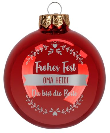 Herz & Heim® Weihnachtskugel aus Glas mit persönlicher Gravur/Rot oder Weiß/Matt oder Hochglanz/Ø 8 oder 10 cm/Verschiedene Motive Ø 10 cm, Rot Hochglanz, 3 Zeilen Wunschtext