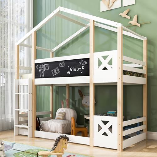 Merax Hochbett für Kinder, Kinderbett Etagenbett 90x200 cm, Hausbett mit Rausfallschutz, Baumhaus mit Lattenrost und Leiter, Spielbett mit Zwei Liegeflächen und Graffiti-Tafel, Natur & Weiß
